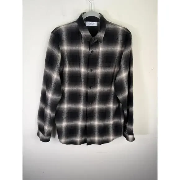 John Elliot Brushed Flannel Button Up Shirt White Black Plaid Medium - Picture 1 of 6